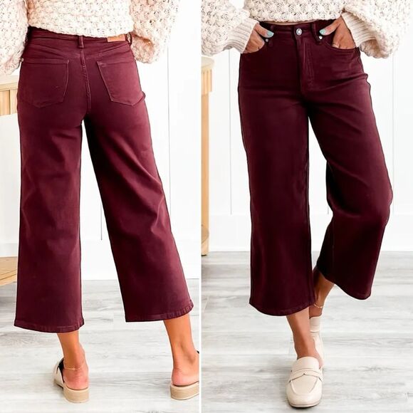 Judy Blue Jeans High Rise Cropped Wide Leg Jean in Oxblood Burgundy Size 28 | 6 - Picture 10 of 16